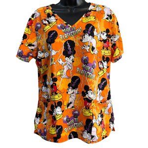 Disney Mickey Minnie Mouse Halloween Scrub Top S Cotton Orange V-Neck